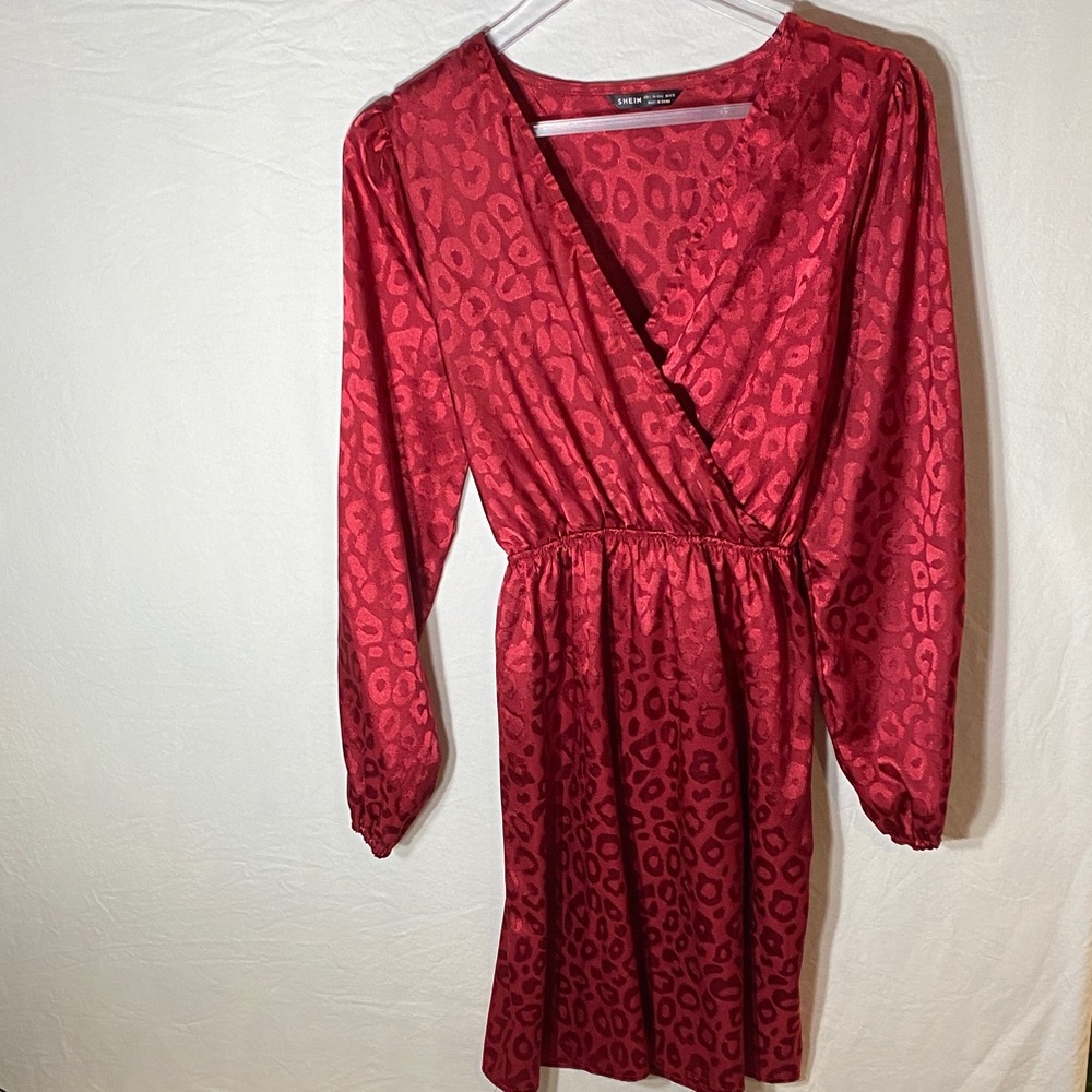 SHEIN Red Leopard Print Long Sleeve Dress Cheetah Tie Back Flowy